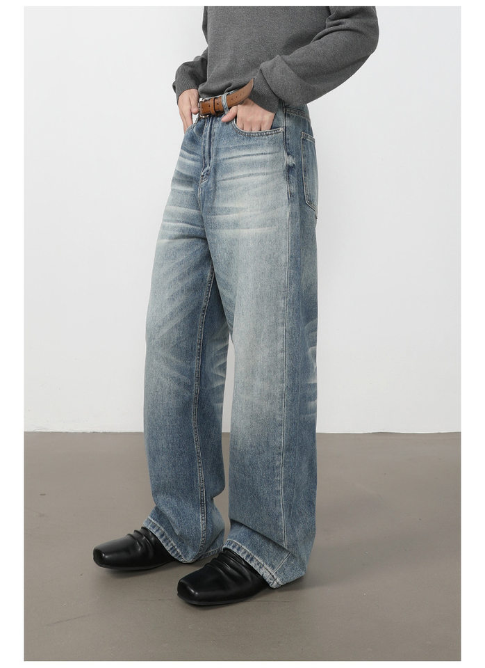 Quần jeans nam ống rộng lưng giữa, dáng suông thoải mái, chất denim washed — màu xanh, màu xanh nhạt, màu xám đen chi tiết 8