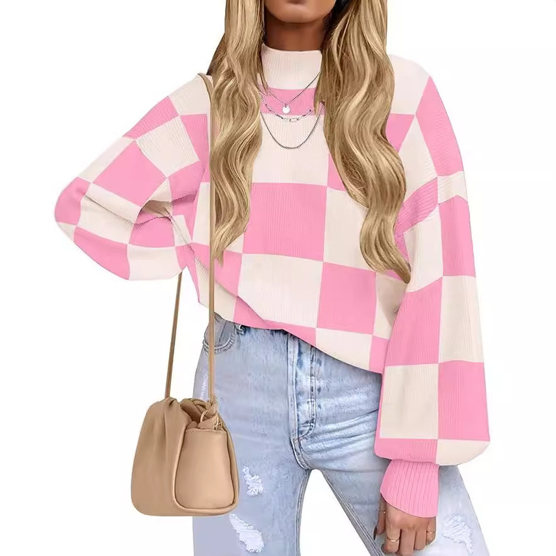 Women's Autumn 2024 Fashion High Neck Long Sleeve Striped Rib Knitted Loose Pullover Sweater Top