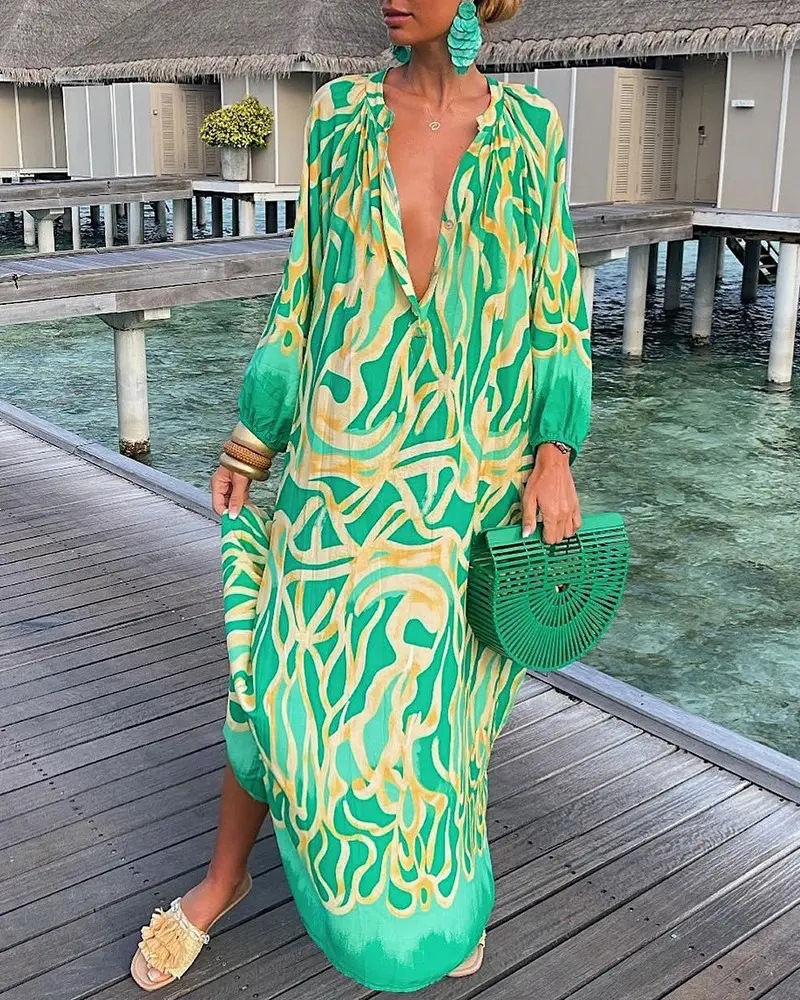 245g Weight Maxi Long Dress Dress Length Type Long Sleeve Sleeve Length Pencil Skirt Dresses Type Wholesale Women'S Vacation Printing Color Block Travel Deep V Long Sleeve Pencil Skirt