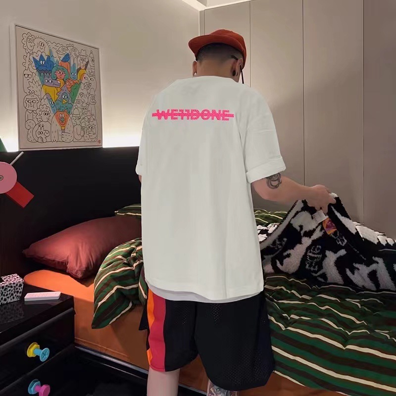We11one夏の新型カラーライン粒子発泡純綿カジュアル半袖tシャツ男女カップルモデル