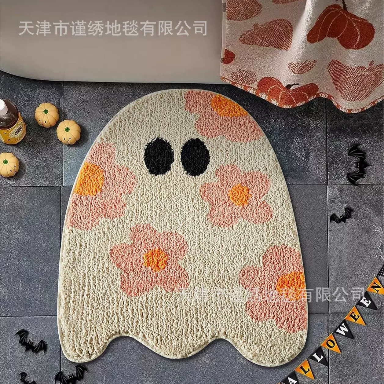 跨境万圣节幽灵仿羊绒入户门垫卡通浴室防滑垫亚马逊temu代发地垫