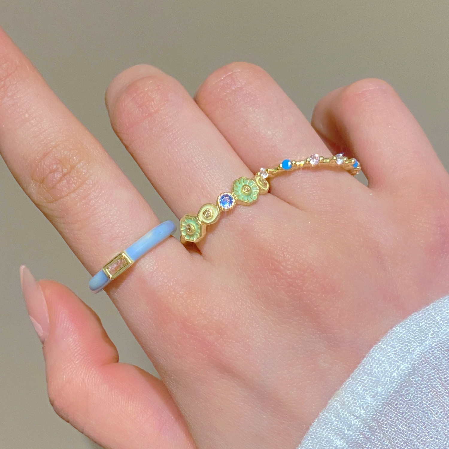 Cross-Border Hand Jewelry Opal Sunflower Sweet Butterfly Open Ring Blue Oil Drop Flower Ring Three-Piece Set