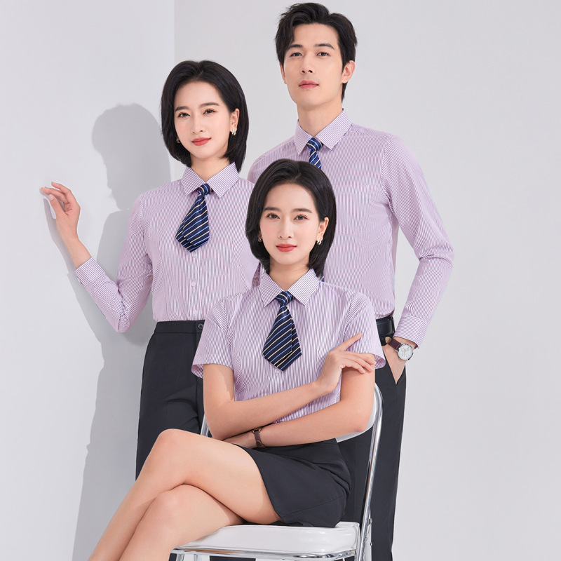 女士工作服前台接待工装衬衣蓝白竖条纹衬衫女短袖银行上班职业装