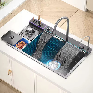 Complete set of whale digital display flying rain waterfall kitchen sink stainless steel dish washing basin trash can nano handmade under-table basin