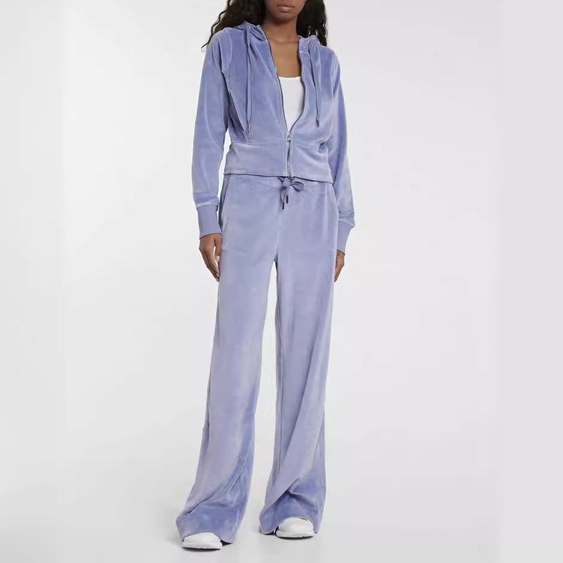 great value! Haze Blue Velvet Hooded Sweater High Waist Wide Leg Trousers Fashion Casual Suit