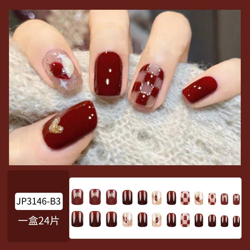 Use uñas vino rojo blanco tablero de tablero cuadrícula amor parche de uñas removible pieza de uñas falsas Día de San Valentín pieza de belleza de uñas
