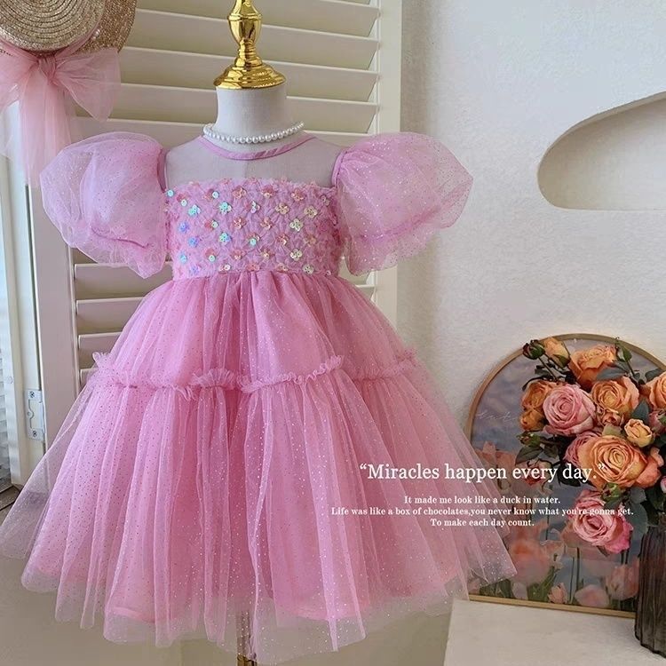 Girls Summer Dress New Style Kidsren's Summer Dress Baby Girl Fluffy Gauze Skirt Girl Fashion Pink Skirt
