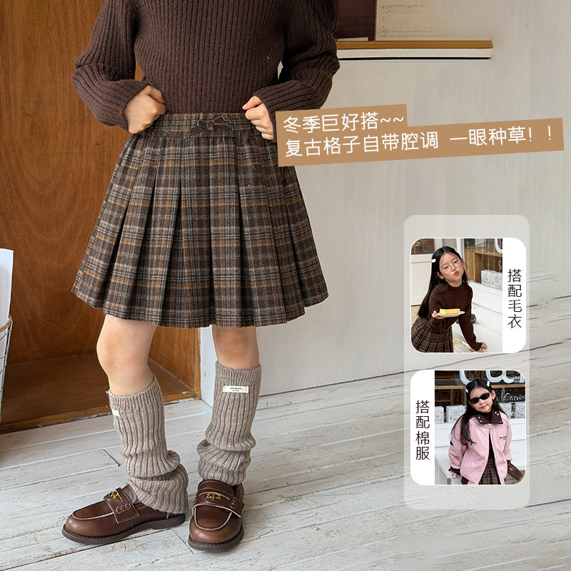【加绒】节日氛围裙装女童洋气复古学院风毛呢短裙格子半身百褶裙