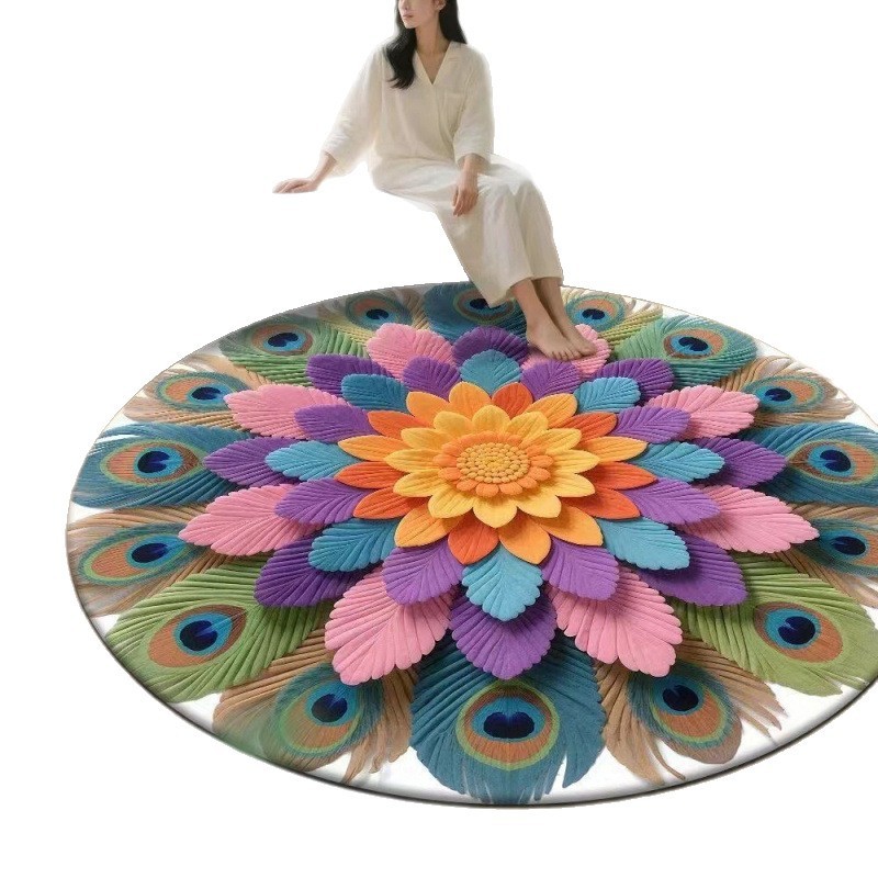 3D效果孔雀花卉圆形水晶绒印花地毯家用装饰客厅防滑易打理沙发毯|undefined