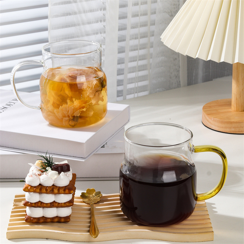 廠家高硼硅玻璃杯家用帶把手大容量茶杯果汁飲料杯彩把喝水杯子