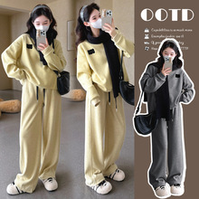 2025秋冬韩系刺绣加绒加厚长袖卫衣保暖猪鼻扣托腹卫裤套装戴围巾