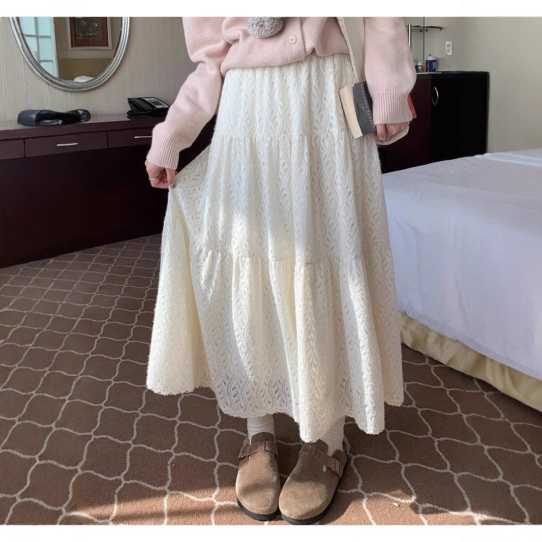 秋冬韩系甜美氛围感垂感显瘦毛绒感蕾丝半身裙女加绒加厚蛋糕长裙