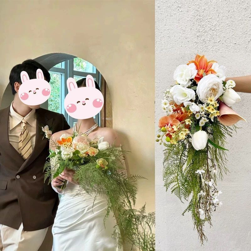 フォレストスタイル旅行写真ガーデンスタイル結婚式の写真撮影の小道具美的写真結婚式の滝水滴シミュレーション花嫁の花束|undefined