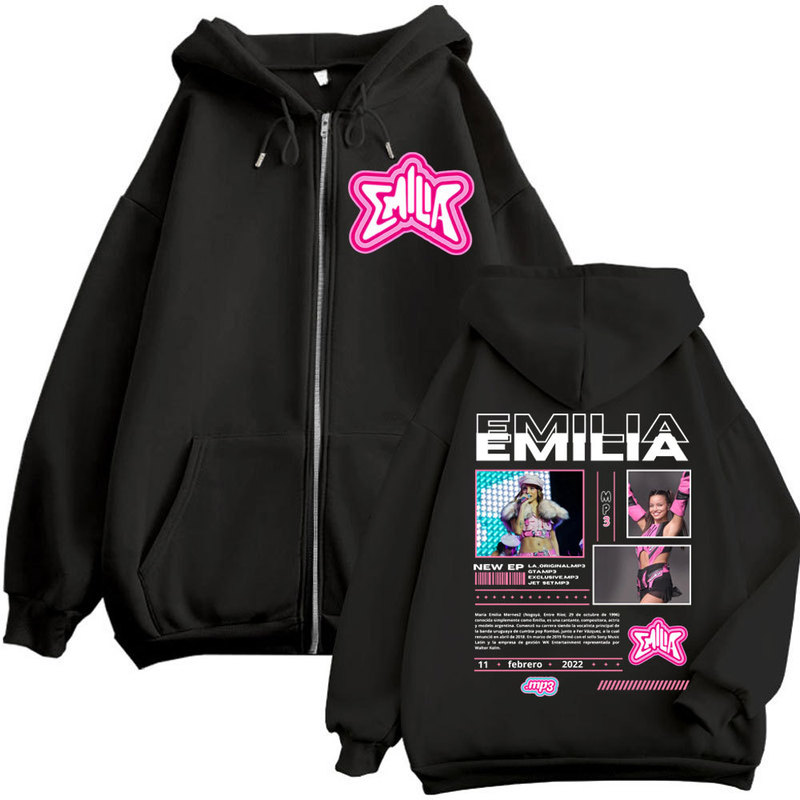 Emilia Mernes Mp3 Tourism Commodity Hoodie Men and Women Harajuku Y2K Aesthetic Zipper Sweatshirts Fashion