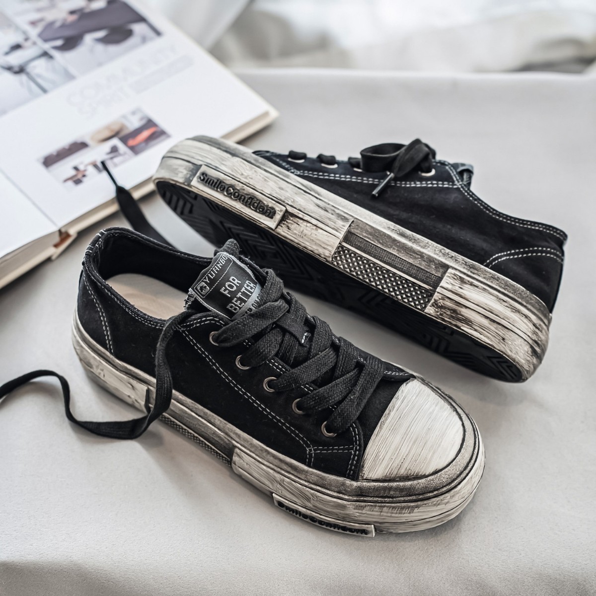 做旧设计男鞋子潮鞋2024年做旧擦色帆布鞋男生港风百搭脏脏鞋板鞋