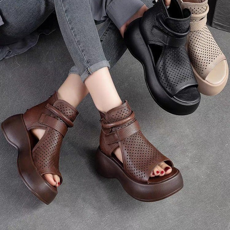 Sommer-Muffin-Sandalen mit dicken Sohlen, Oberbekleidung, Mikrofaser, Retro-Stil, hochhackige Fischmaul-Hohlstiefel, römische Damensandalen_voghion.com