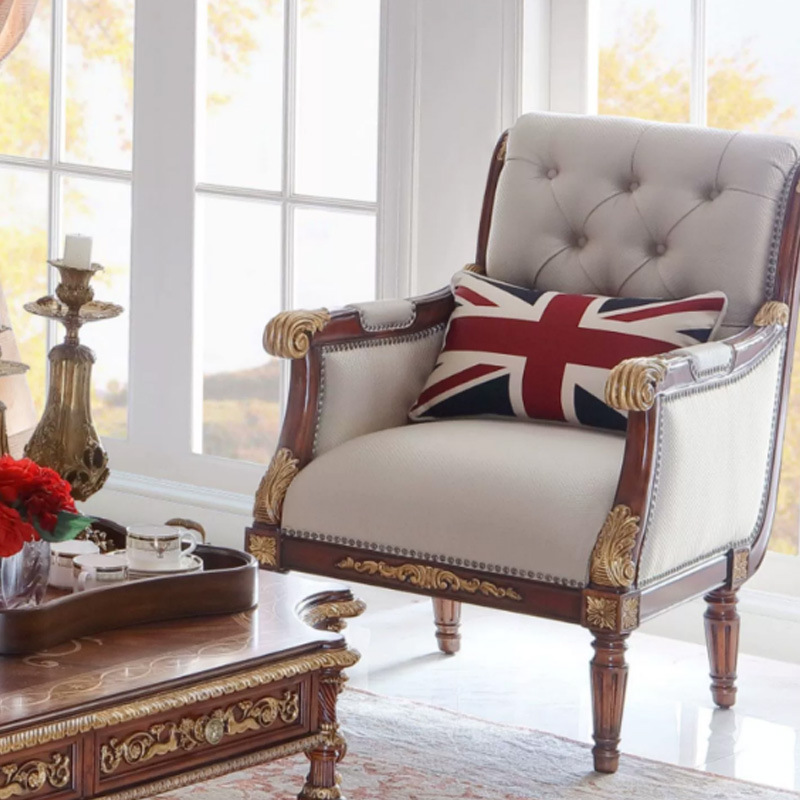 New Classical Windsor Castle Solid Wood Carved Single Leisure Sofa Chair, British Mahogany Villa Castle Tiger Chair