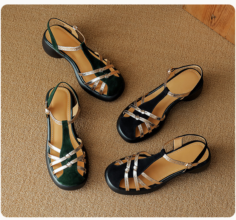 Sandal nữ da lộn quai mảnh dệt, mũi kín khóa chữ T, gót cao đế dày — Màu đen chi tiết 19