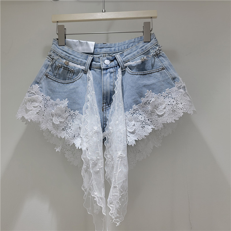Pantalones Cortos Jeans con Encaje de Denim de Poliéster Cintura Baja Diseño de Empalme