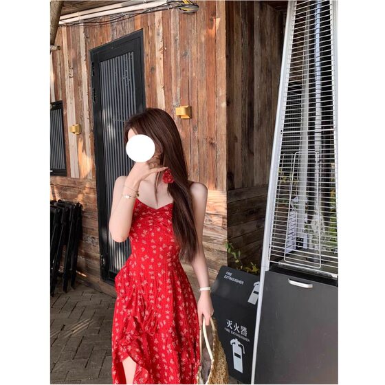 [Ruida] Undefined Floral Dress in Spring and Summer 2025/Beautiful Red Holiday Strap Split Dress