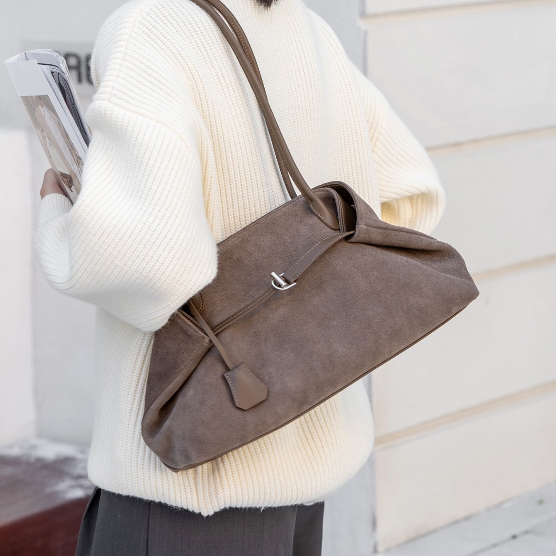 Borsa a spalla in pelle scamosciata borsa tote donna versatile_voghion.com