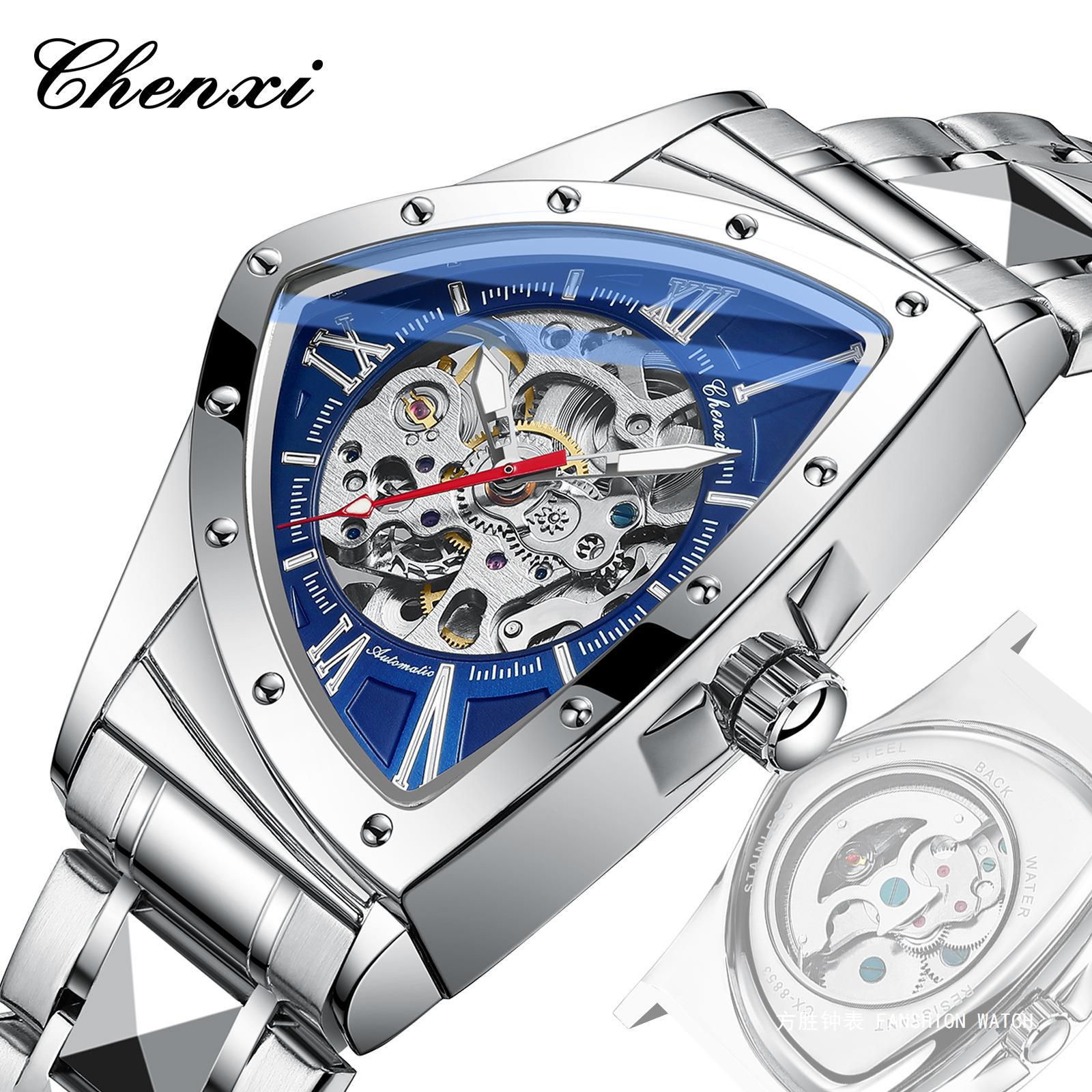 CHENXI Triangle Explosive Mechanical Watch Men's Hollow Personality High Color Value Luminous Waterproof Automatic Mechanical Watch