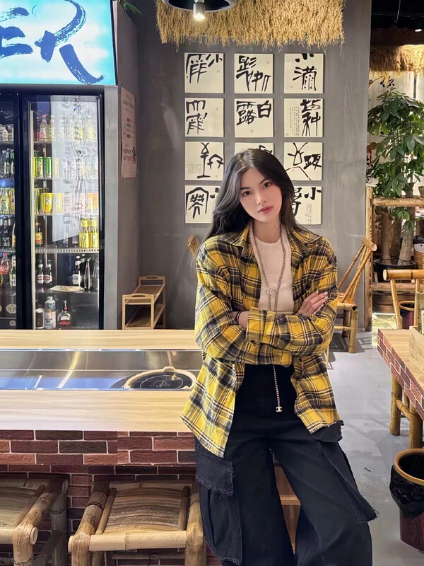 Autumn and Winter Feeling Retro Plaid Shirt Lazy Wear Shirt Control Yellow Chenille Spandex Princess Sleeveless