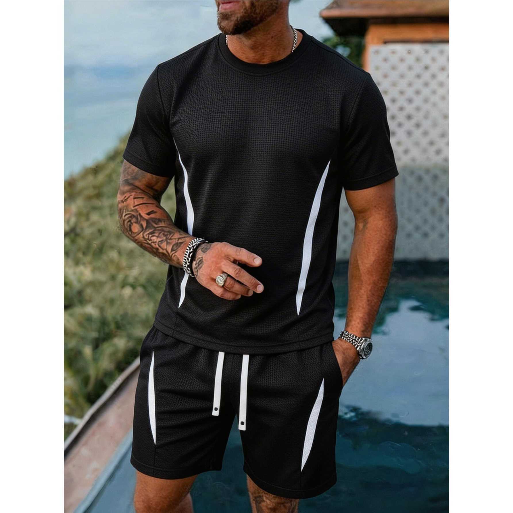 New summer waffle set, men's shorts, men's T-shirt, couple style beach pants, women's casual pants, men's loose fit.