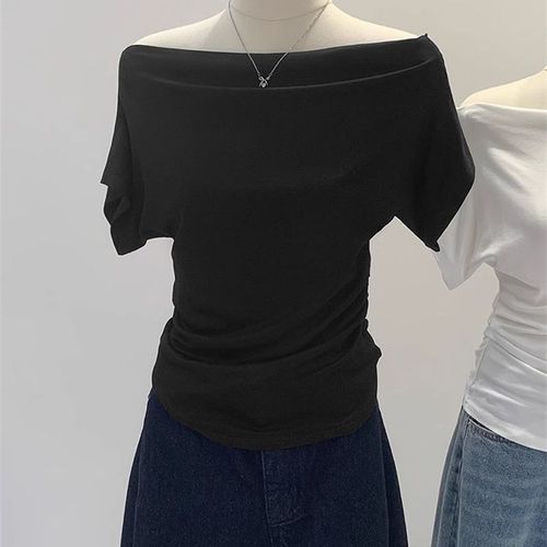 Chic Modal Cotton T-Shirt with Cross-Shoulder Design - Off-the-Shoulder, Short Sleeve, Women's Summer Fashion, Body-Fitting, Revealing Neckline, Trendy