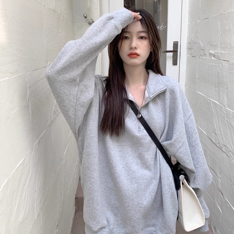 2025新款美式小众polo领卫衣秋季宽松套头上衣中长款外套女装学生|undefined