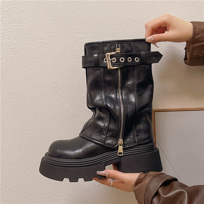 BOTAS Martin de fondo grueso nuevas botas vaqueros occidentales retro en otoño e invierno 2024, hebillas de cinturón, botas de pantalón apiladas en tubos medios