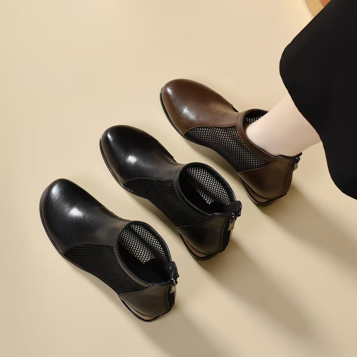 Sandal nữ mũi tròn lưới da thật gót thô đế mềm thoáng khí — màu nâu