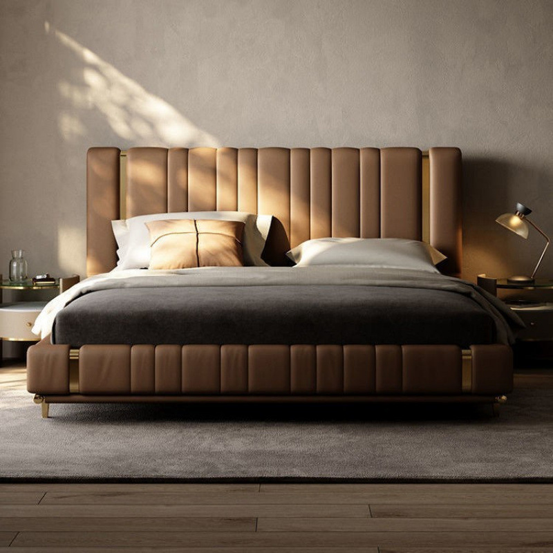 Italian-Style Light Luxury Leather Bed, Luxurious Villa Large Flat Master Bedroom, High-End Double Wedding Bed, Modern Simple High-End Large Bed