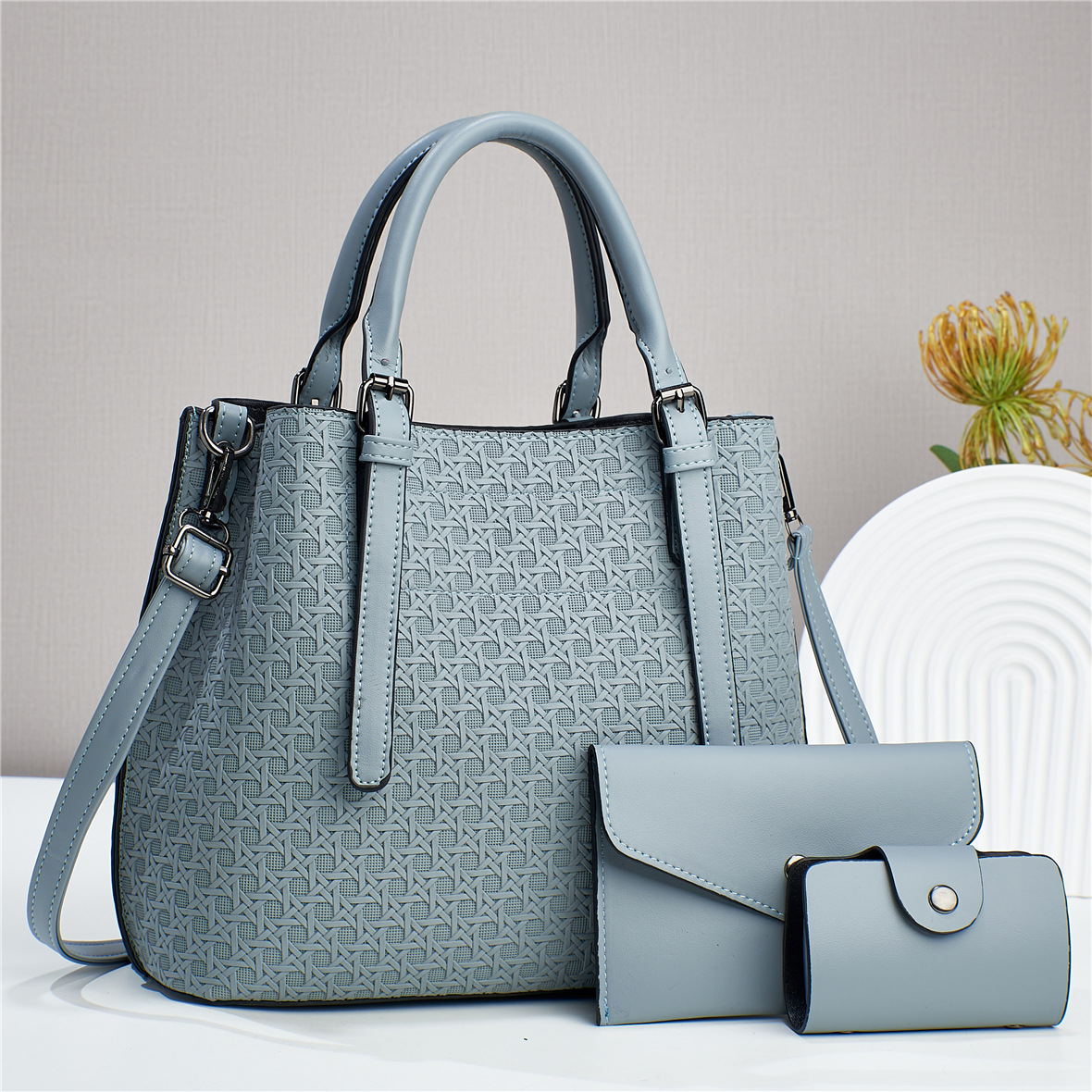 Women's Gender Elegant Style Bucket Shape Women's Pu Leather Solid Color Elegant Bucket Zipper Bag Sets