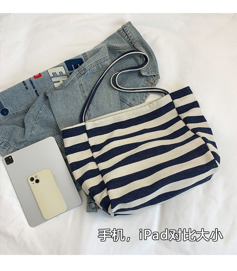 Laid-back striped canvas bag, Korean ins artistic color-blocking tote bag, large-capacity single-shoulder bag, shopping bag, large bag undefined