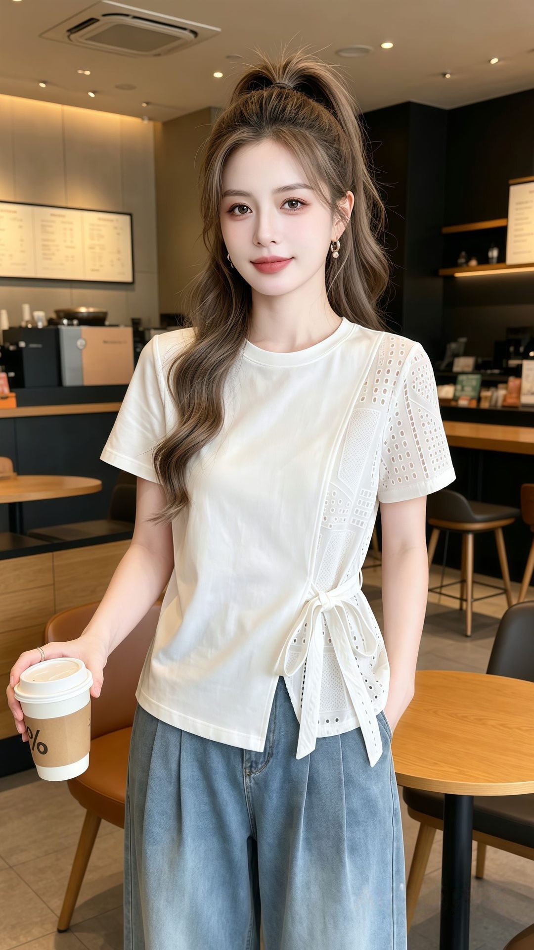 Áo thun nữ tay ngắn thiết kế không đối xứng chạm rỗng, dáng suông thoải mái — màu trắng chi tiết 3