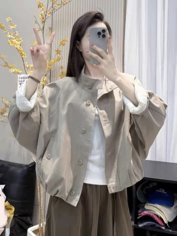 欧货英伦风立领夹克外套女2025新款宽松休闲内里条纹短款风衣上衣|undefined