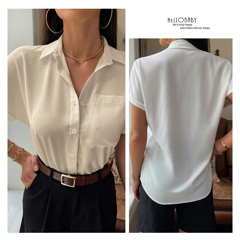 Camisa satinada con cuello en v para mujer, europea y americana, ropa de mujer transfronteriza, satén de color sólido de manga corta, nueva camisa satinada con botones casuales