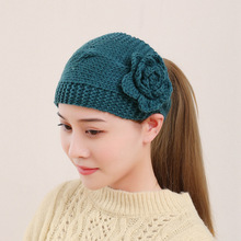 秋冬保暖针织毛线发带帽花朵发箍头饰包头套遮白发头箍女