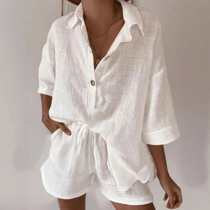 European and American Summer Women's Fashion Solid Color Cotton-Linen Three-Button Half-Sleeve Shirt Two-Piece Set with Wide-Leg Pants and Tie-Waist Shorts European and American Summer Women's Fashion Solid Color Cotton-Linen Three-Button Half-Sleeve Shirt Two-Piece Set with Wide-Leg Pants and Tie-Waist Shorts