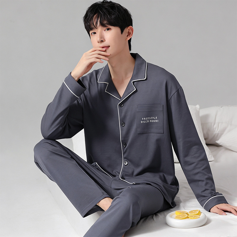 여름 새로운 아이스 실크 옷깃 카디건 파자마 남자의 간단한 반팔 반바지 세트 하이 엔드 솔리드 컬러 홈 의류