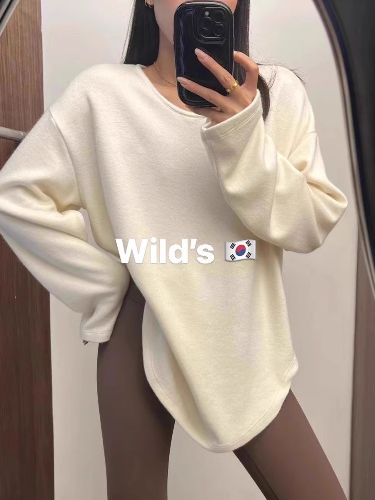 白色侧开叉长袖恤女秋冬宽松慵懒风遮屁股外穿上衣配鲨鱼裤