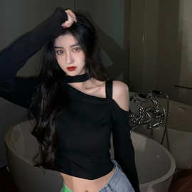 秋季性感ins设计感小众露肩修身显瘦露脐长袖t恤锁骨挂脖打底上衣