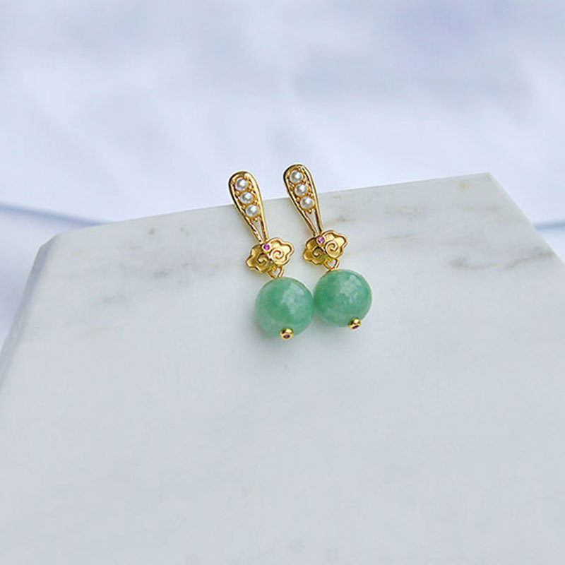 天然和田玉翡翠玉石如意中式耳环S925纯银耳坠古典宫廷风华丽耳饰