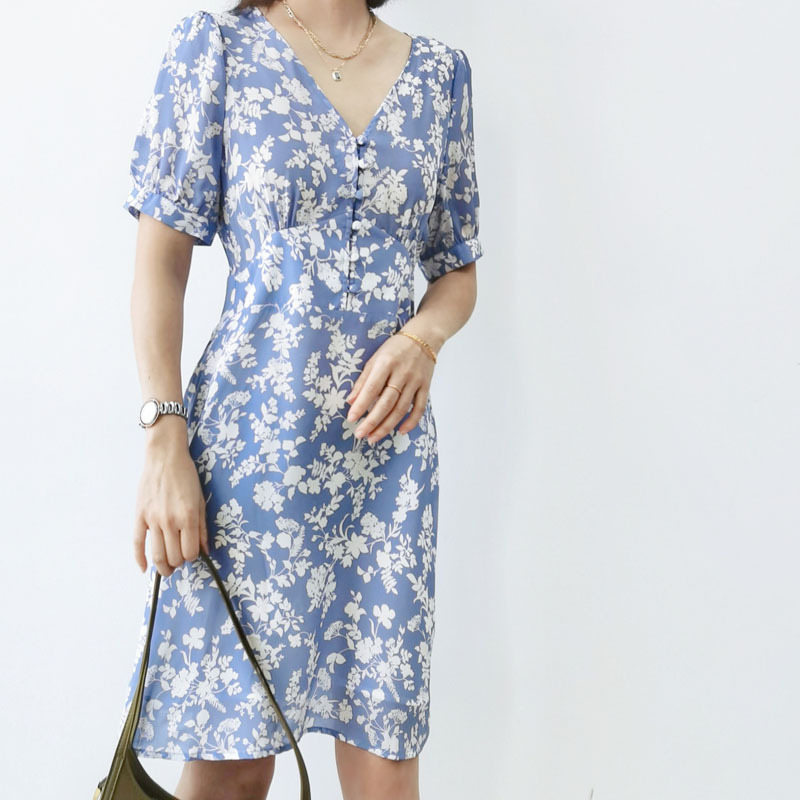 Special Offer: Summer Slim-Fit V-Neck Blue Silk Dress with Puff Sleeves, Short Tea Break Dress Special Offer: Summer Slim-Fit V-Neck Blue Silk Dress with Puff Sleeves, Short Tea Break Dress