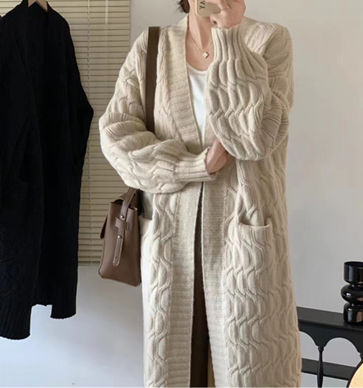 Korean V-neck solid color twisted flower lazy long sweater jacket, fashionable temperament, gentle style, soft and_voghion.com