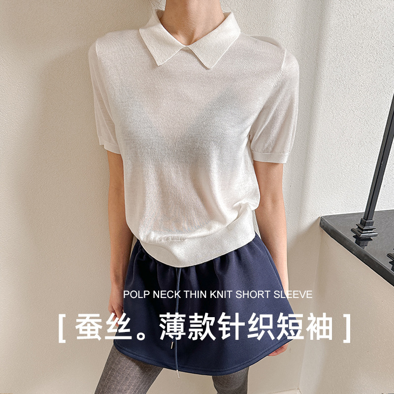 Spring and Summer Silk Wool Blended POLO Collar ZH Short-sleeved T-shirt Thin Kefu Hem Knitted Inner Wearing Top Spring and Summer Silk Wool Blended POLO Collar ZH Short-sleeved T-shirt Thin Kefu Hem Knitted Inner Wearing Top