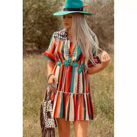 2024欧美独立站波西米亚新款彩色条纹百褶裙大摆短袖连连衣裙931