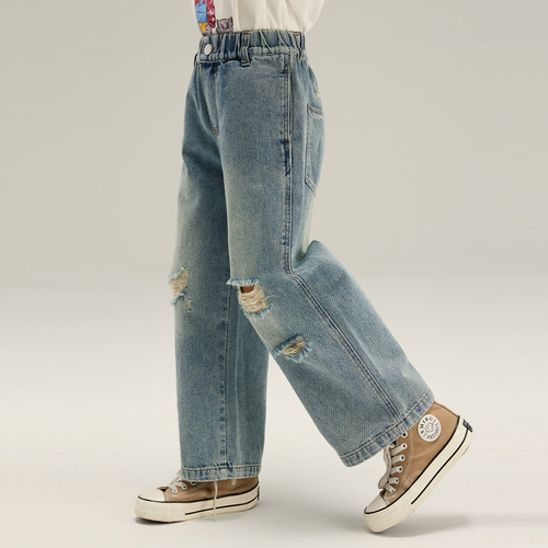 Girls' Trousers 2024 Spring New Children's Casual Pants Western-style Jeans Fashionable Western-style Ripped Straight Pants