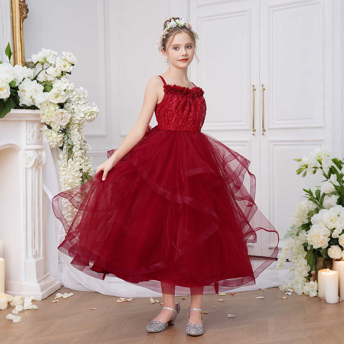 Nuevo estilo europeo y americano vestido de princesa para niños de 8 a 12 años, tirantes de encaje, falda de tutú de malla, traje de anfitrión pequeño en stock